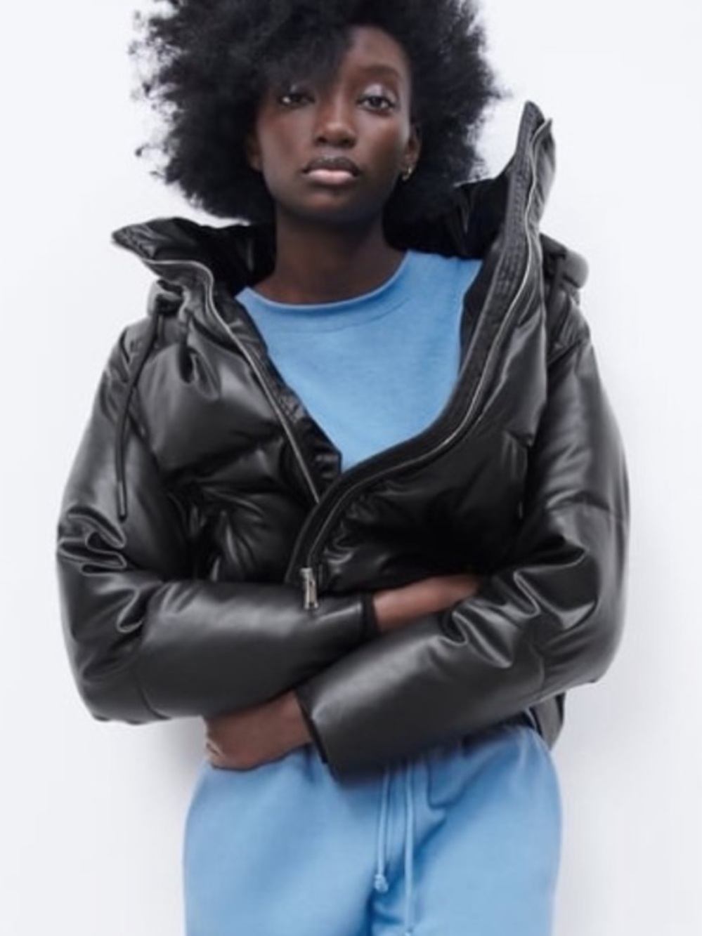 Zara Black Faux Leather Hooded Puffer Jacket Size XS